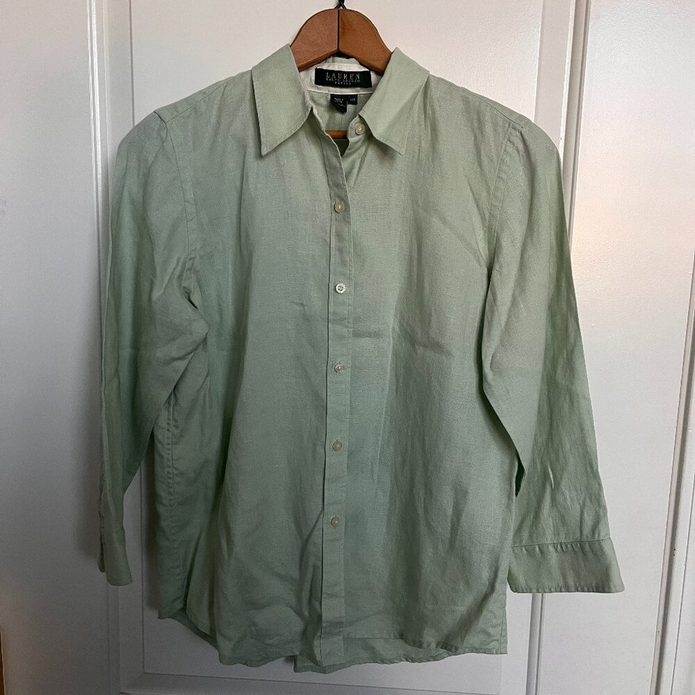 Lauren Ralph Lauren Linen Shirt Women's M Petite Willow Green 3/4 Sleeve